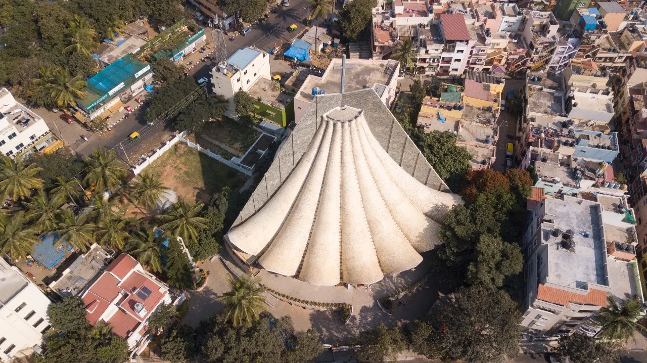 Aerial view of the shell-shaped church